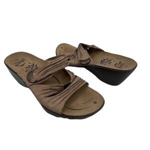 Abeo Brown Leather Adjustable Strap Wedge Slip On Sandals Size 8 Narrow Women's
